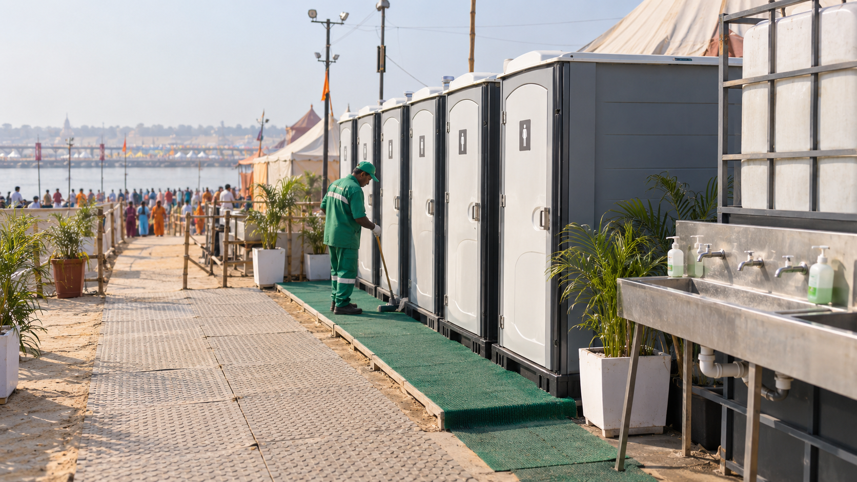 Clean temporary toilets and handwashing facilities at the Kumbh site